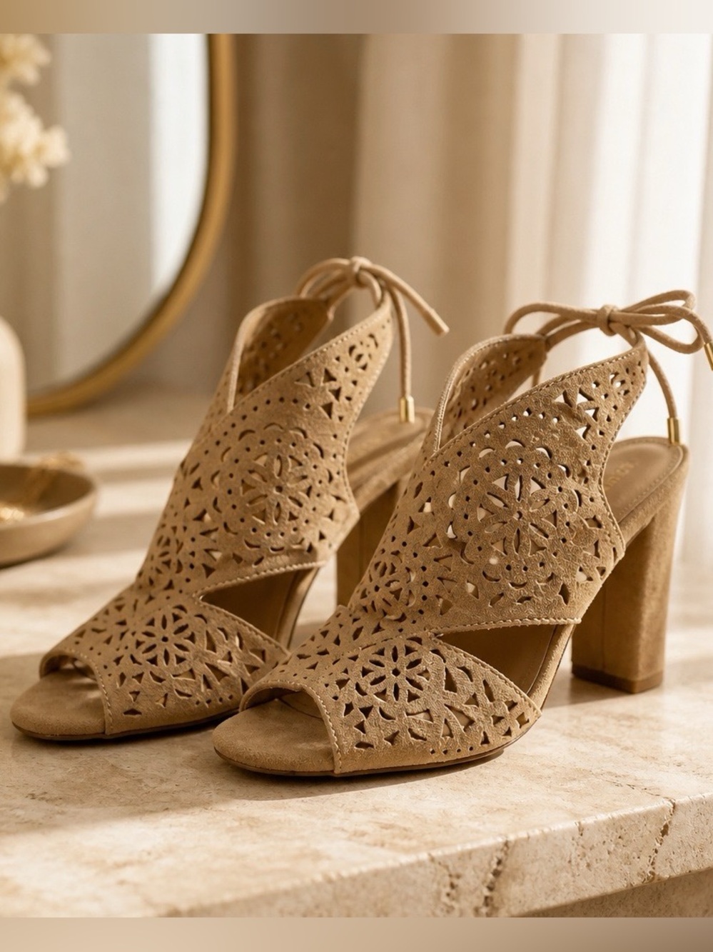 Guess Tan Suede Laser-Cut Block Heel Sandals